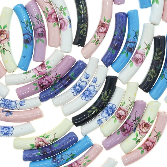 48 PCs Curved Floral Porcelain Beads for Jewelry Making 45 mm Long Tube Bead Pack