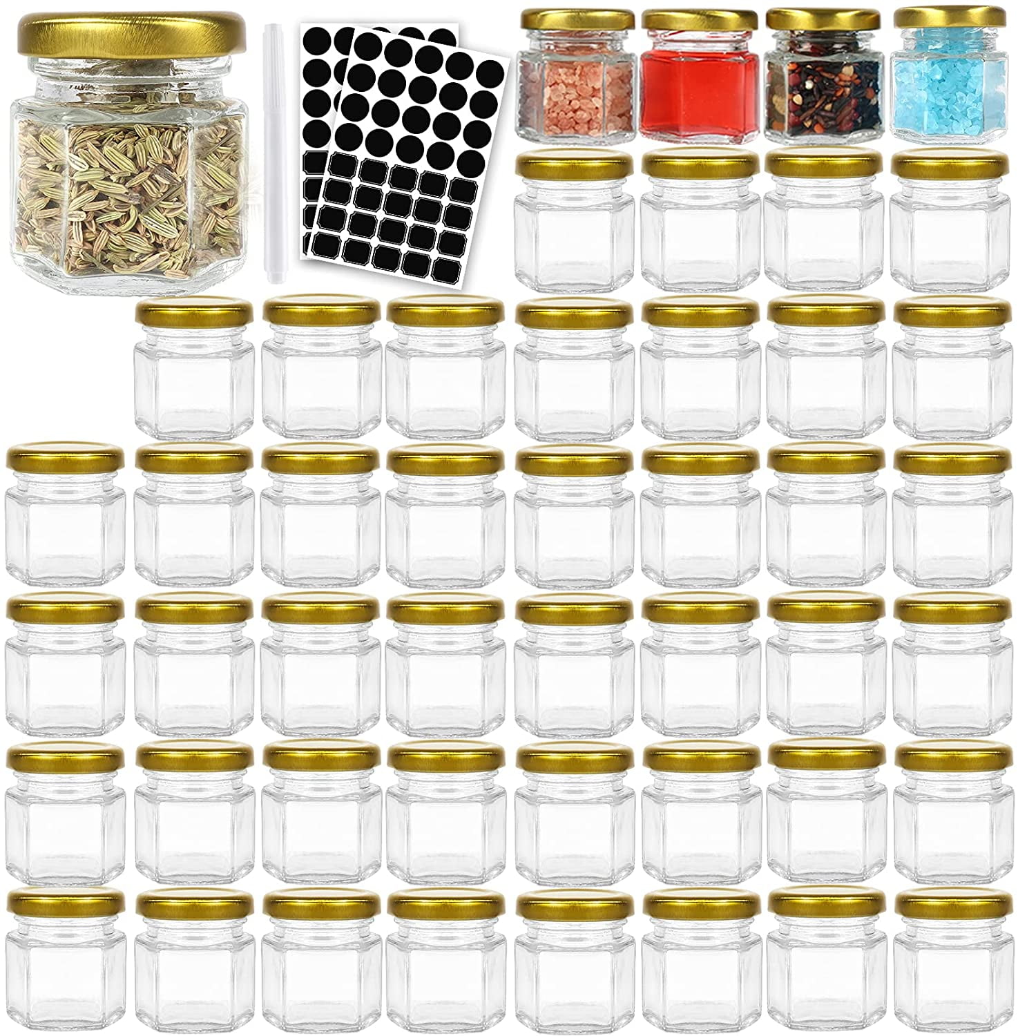 100 Pack 1.5Oz Mini Hexagon Glass Jar with Lid, Honey Jars Small