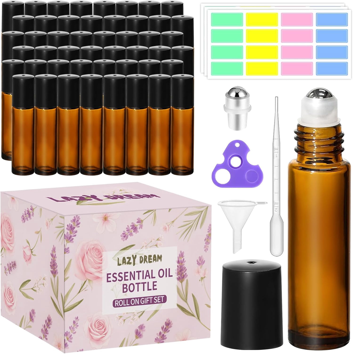 48 Pack 10ML Roller Bottles for Essential Oil, Empty Amber Glass Bottle ...