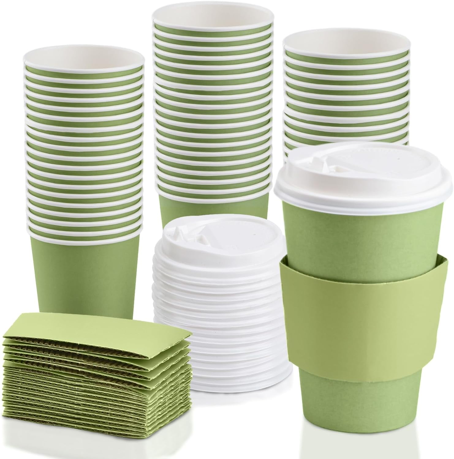 48 Pack 16 oz Sage Green Disposable Coffee Cups with Lids and Sleeves