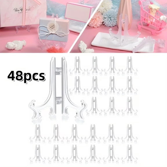 48-Pack 3 Inch Mini Easel Stands, Clear Plastic Display Holders for Plates, Pictures, Collectibles & Artwork