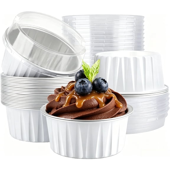 48 Pack 5 oz Aluminum Foil Ramekin Baking Cups with Lids, Disposable Muffin Liners and Mini Pie Pans for Creme Brulee or Cupcake (White)