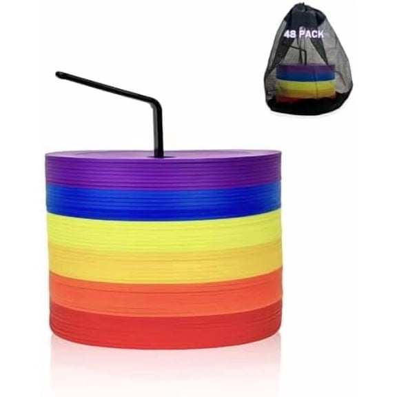 48 Pack 6 Inch Flat Soccer Cones, Multicolor Non-Skid Spot Markers with Holes, Flat Cones for Sports Training, Football, Baseball, Agility Training Equipment$$Sport & Recreation Other