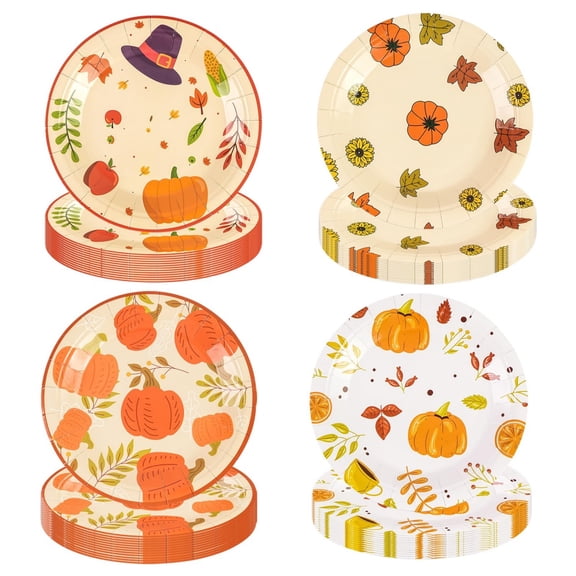 48 Pack 7" Fall Paper Plates, Maple Leaf & Pumpkin Design, Autumn Disposable Dessert & Cake Plates for Harvest, Thanksgiving, Fall Parties & Seasonal Events