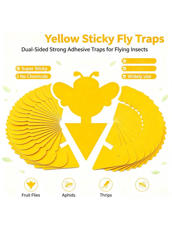 48 Pack Assorted Shapes Yellow Sticky Insect Traps, Double Sided Fungus Gnat & Fruit Fly Trap for Indoor Outdoor Potted Plants