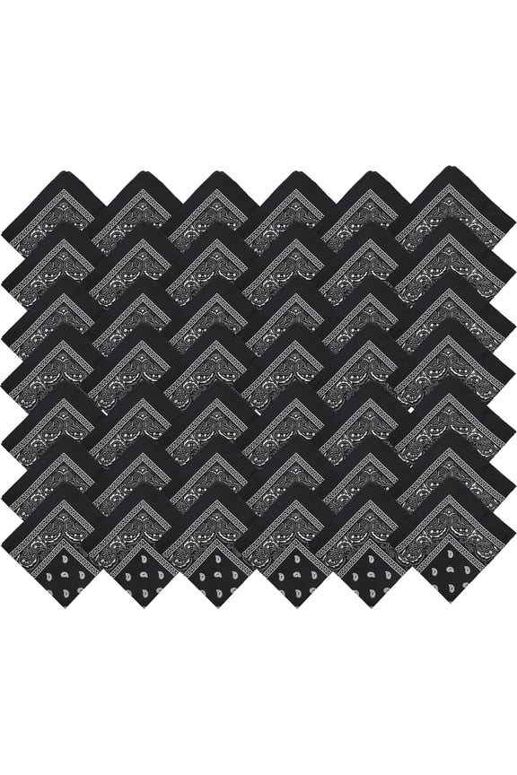 48 Pack Bandanas, Unisex One-Sided Print Paisley Retro Head Wrap Necktie Face Cover Bulk (Black)