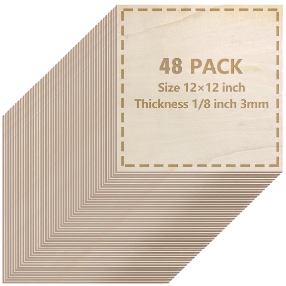 48 Pack Basswood Sheets 1/8 inch, 3mm Basswood for Laser Cutting, 12 x 12 inch Wood Slabs for Crafts, DIY Architectural Models Making, Wood Engraving, Staining, Drawing