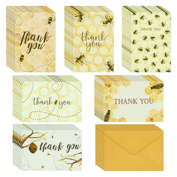 48 Pack Bumble Bee Thank you Cards with Envelopes for Baby Shower, Birthday, 6 Designs, Bulk Set (10.2 x 15.2 cm)