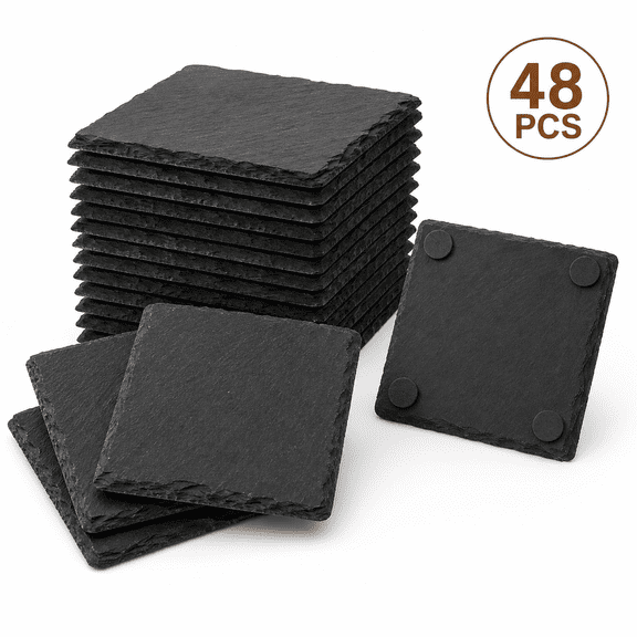 48-Pack Black Slate Coasters, 4-Inch Square Stone Drink Coasters with Anti-Slip Pads for Laser Engraving, DIY Crafts and Home Dcor