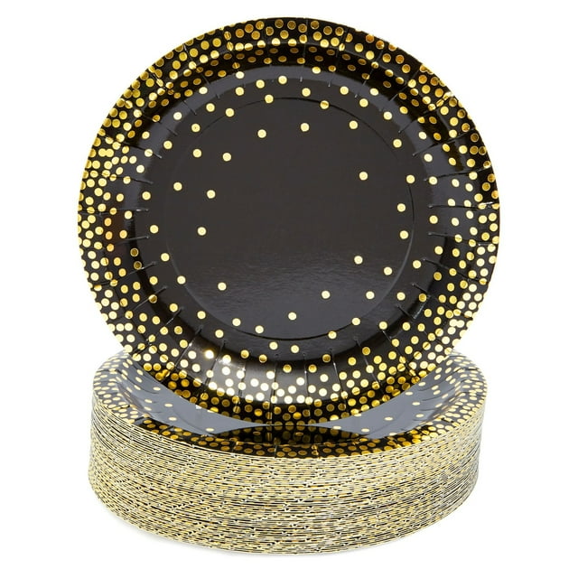 48Pack Black and Gold Party Plates, 7 Inch Paper Plates for Birthday
