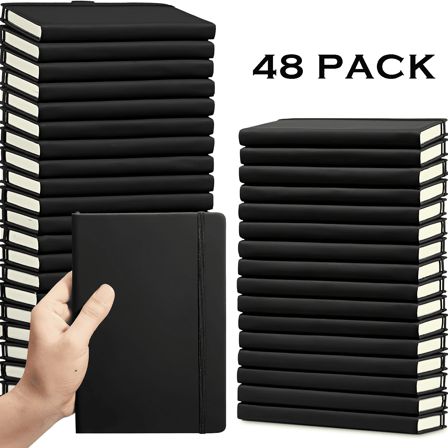 48-Pack Bulk A6 Pocket Notebooks, Black Faux Leather Professional Journals, 8mm Ruled 80 Sheets 80GSM Paper, with Elastic Band & Ribbon Bookmark for Office Work