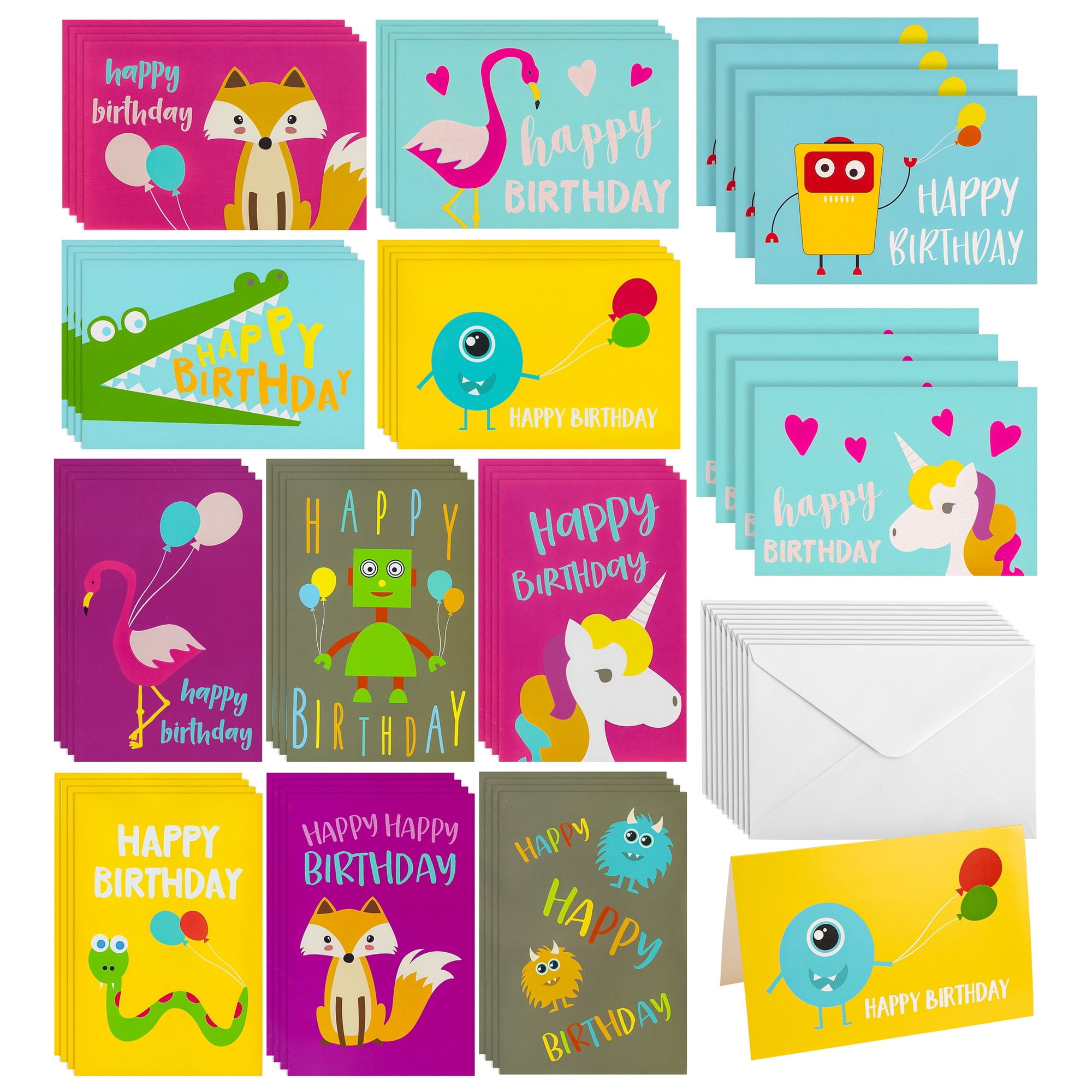 JUVO 48 Pack Bulk Happy Birthday Cards with Envelopes, 4x6 inch Birthday Greeting Note Card Assortment (12 Designs) - Bday Cards Pack for Ages 3-14