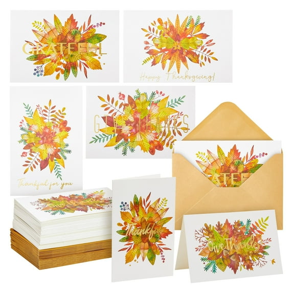 48-Pack Thanksgiving Greeting Cards with Kraft Envelopes, 6 Fall Designs, Blank Inside, 4x6 Inch Bulk Thank You Cards with Envelopes, Happy Thanksgiving Cards