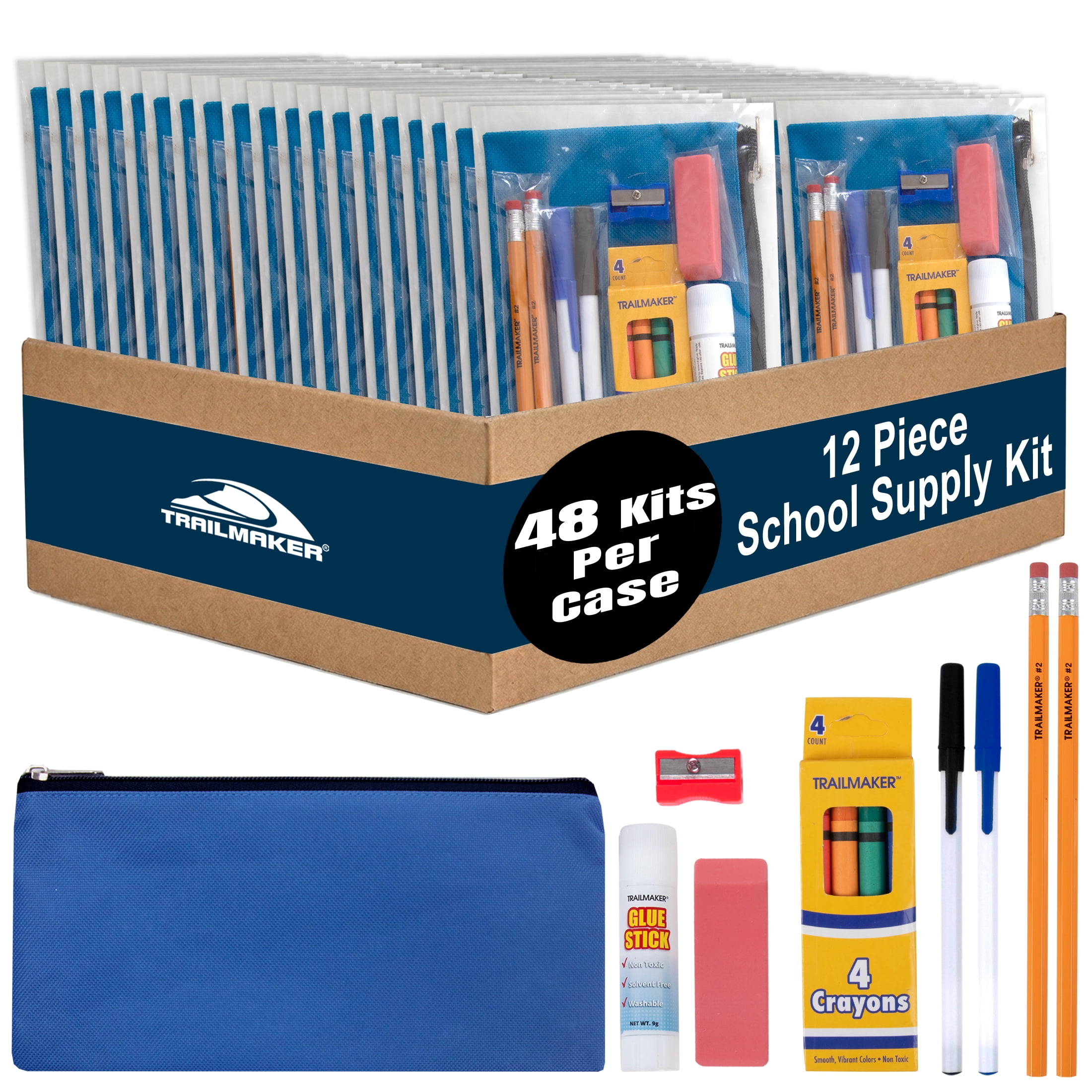 48 Pack of 12 Piece Stationary Kit Pencil Cases Containing 2 Pencils, 2 Pens, 4 Crayons, 1 Pink Eraser, 1 Pencil Sharpener and 1 More per Kit