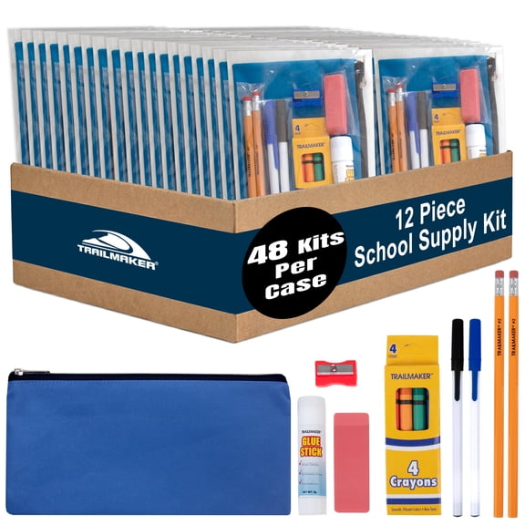 48 Pack of 12 Piece Stationary Kit Pencil Cases Containing 2 Pencils, 2 Pens, 4 Crayons, 1 Pink Eraser, 1 Pencil Sharpener and 1 More per Kit