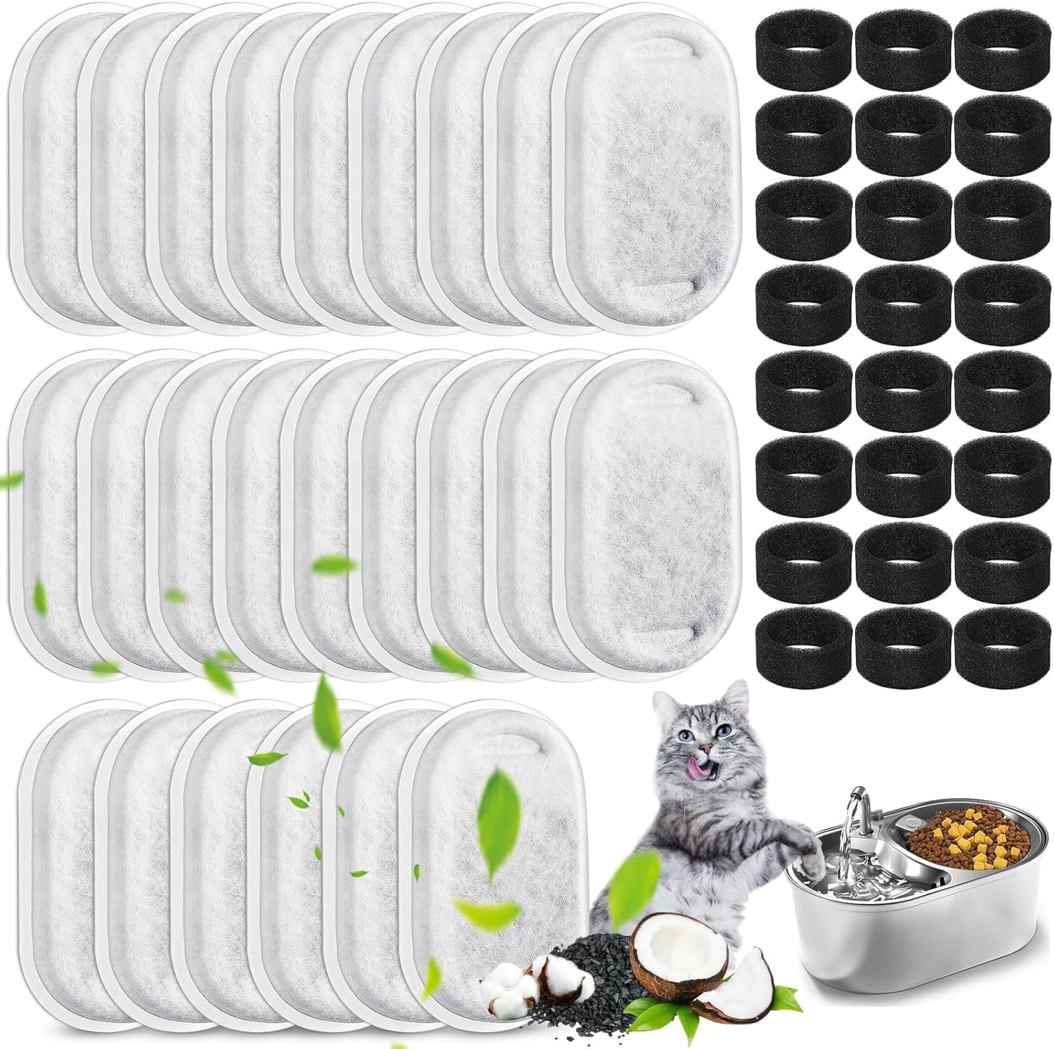 48 Pack Cat Water Fountain Filters, Cat Fountain Replacement Filters for 67oz/2L & 108oz/3.2L & 135oz/4.0L Stainless Steel Adjustable Water Flow Pet Water Fountain (24 Filters & 24 Sponges)