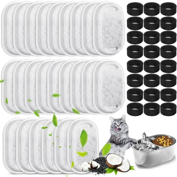 48 Pack Cat Water Fountain Filters, Cat Fountain Replacement Filters for 67oz/2L & 108oz/3.2L & 135oz/4.0L Stainless Steel Adjustable Water Flow Pet Water Fountain (24 Filters & 24 Sponges)