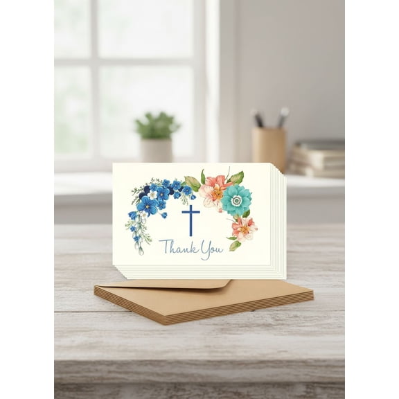 48 Pack Christian Thank You Cards With Envelopes, Bulk Baptism, Religious Greeting Notes for Christening, Wedding, Communion, Floral Cross Design (10 x 15 cm)