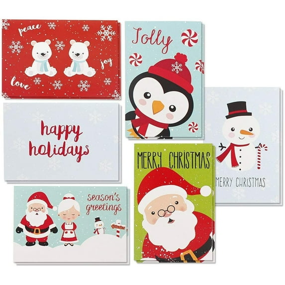 Juvale Greeting Cards Box Set - 48 Count, 4 x 6 In, Red/White/Green - Holiday Card Pack with Envelopes & Assorted Designs