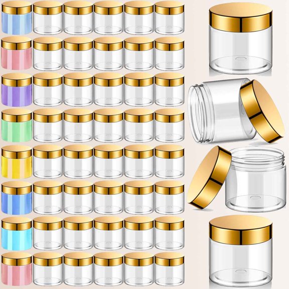 48 Pack Clear Plastic Jars with Gold Lids Empty Containers Round Wide-mouth Refillable Storage Organizers for Cosmetics Lotions Butters and Food Storage
