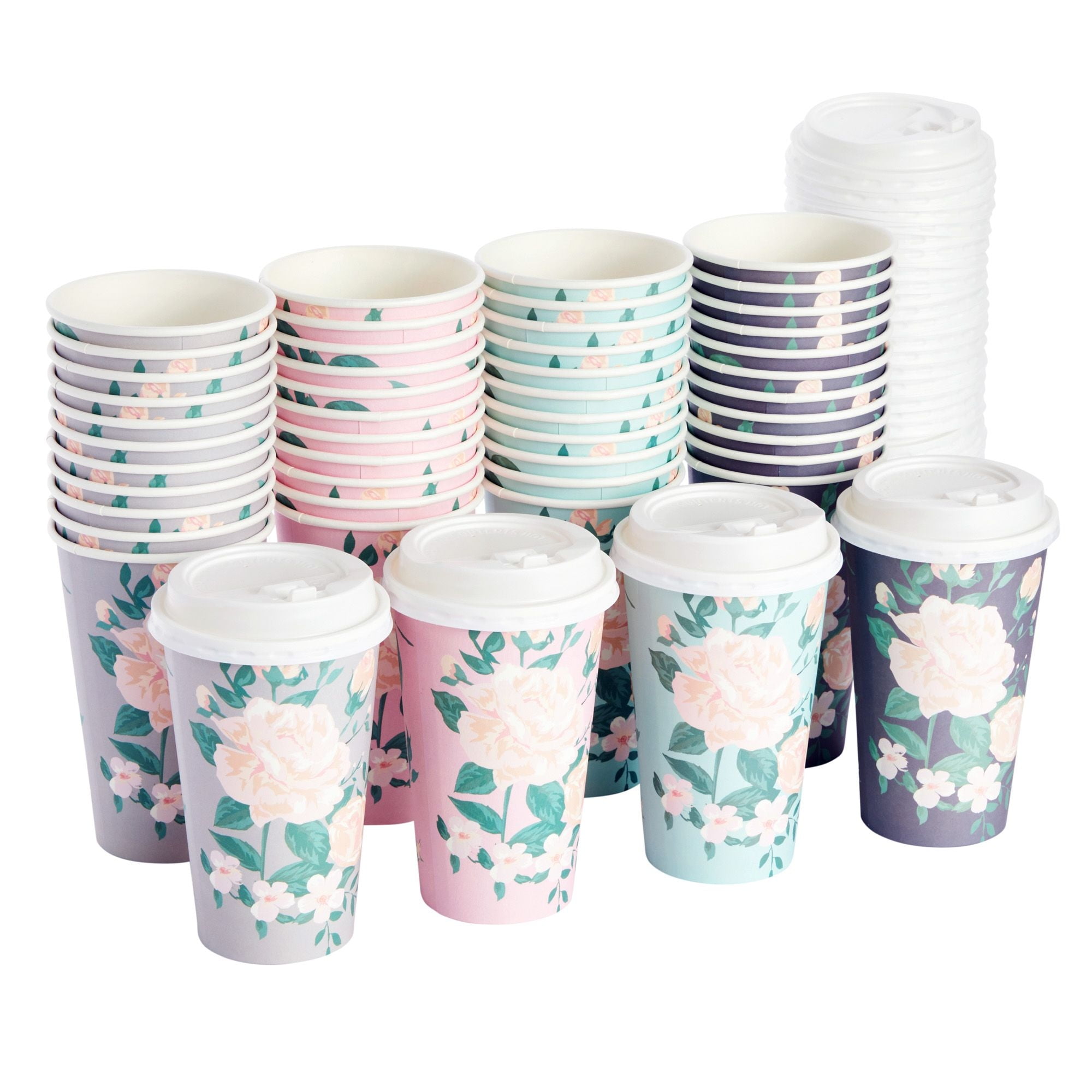 JUVALE 48 Pack Disposable 16oz Paper Coffee Cup with Lids, Paper To Go Cups for Themed Birthday Party, Wedding, Baby Shower (4 Pastel Colors)