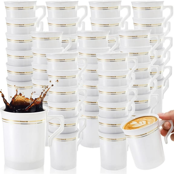 48 Pack Disposable Coffee Mugs with Handle, 8 OZ Heavyweight Gold Rimmed Tea Cups, Plastic Hot Cold Beverage Drinkware for Weddings Cafe Bridal Shower Engagement Party Camping Travel, White