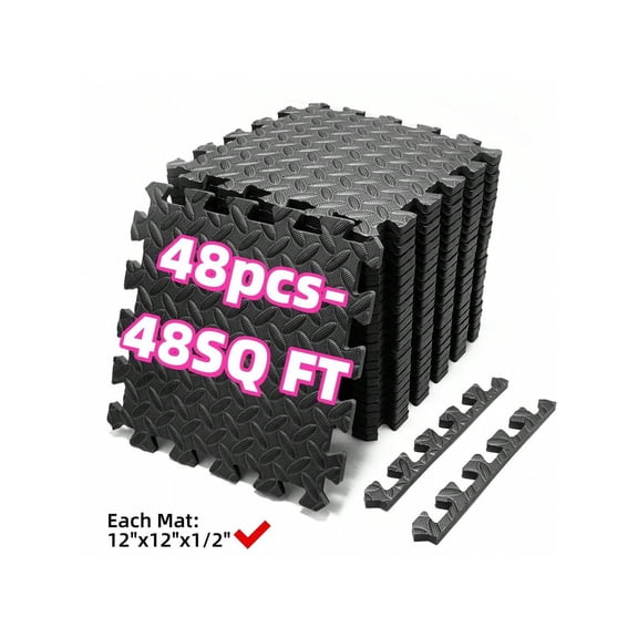 48-Pack EVA Foam Interlocking Mats, Black/Gray Gym Puzzle Tiles, Home Workout Floor Protector, 12.2 X 12.2 X 0.5Inch