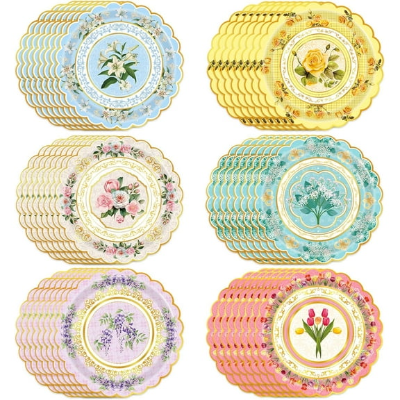 48-Pack Floral Paper Plates, Tea Party Decorations, 9 Inch Disposable Floral Plates for Tea Party, Baby Shower, Bridal Shower, Birthday, Wedding and Any Celebration
