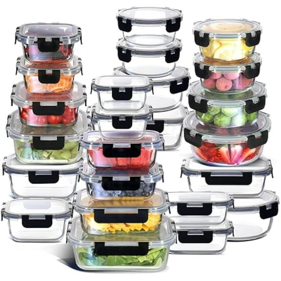 48-Piece Glass Food Storage Containers with 24 Airtight Lids - Freezer & Dishwasher Safe, Clear for Meal Prep & Kitchen Pantry Organization