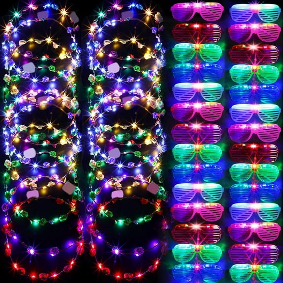 48 Pack Glow in The Dark Party Supplies LED Glasses Light up Glasses LED Flower Crown Headband Multicolor Flower Wreath for Adults Neon Birthday Party Favors