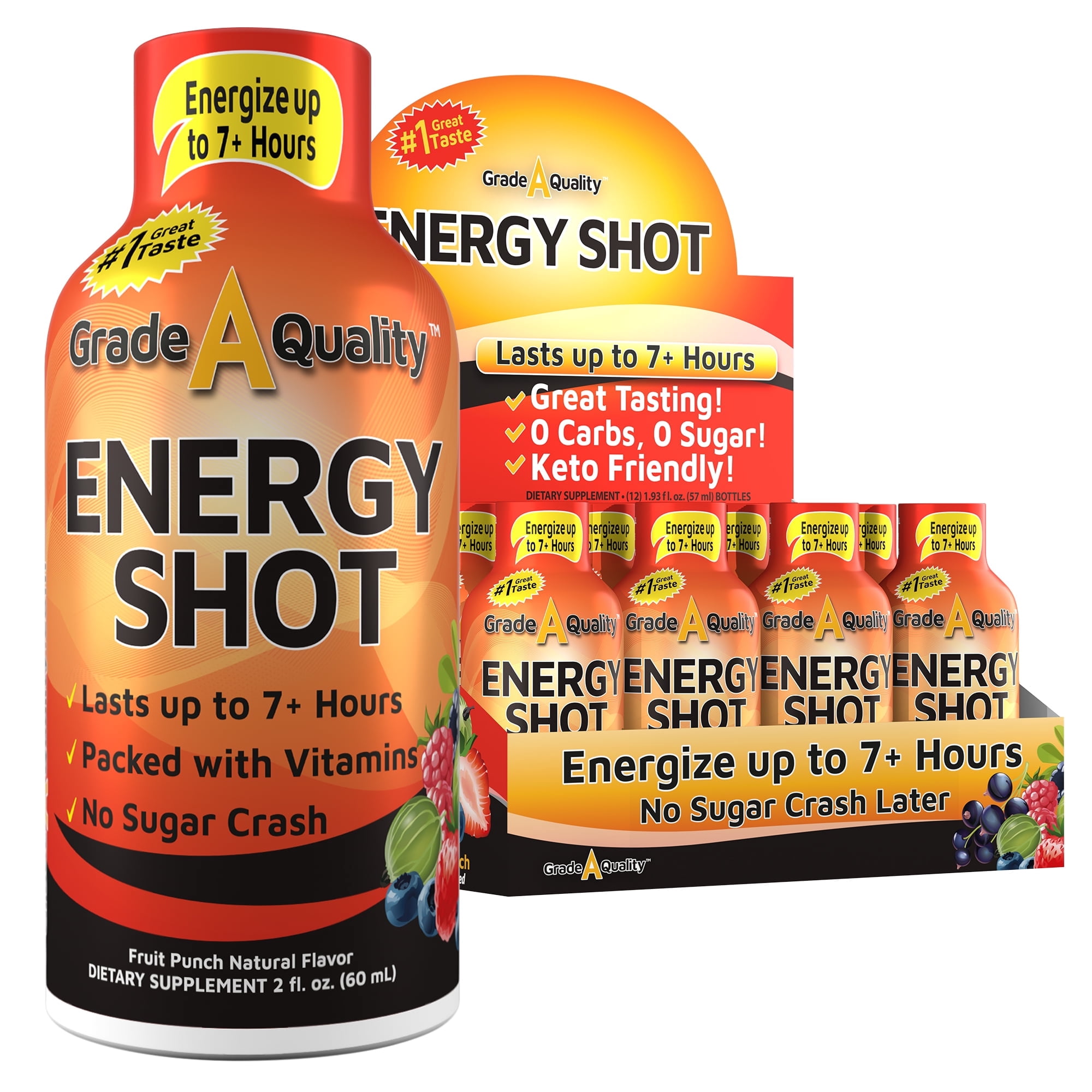 Grade A Quality Fruit Punch Extra Strength Shot, 48 Pack – 260mg Natural Caffeine, B12 & B6, 2 Servings, Zero Sugar, 1.93 fl oz