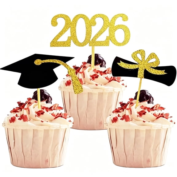 2026 Graduation Cupcake Toppers 48 Pack, Glitter Black Gold Grad Cap Diploma Cake Picks, Pre-Assembled Food-Safe Decor for High School College Graduation Party Supplies