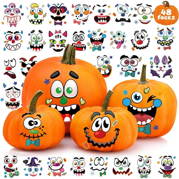 Ayieyill 48 Pcs Halloween Stickers for Pumpkins Decorating, 12 Sheets Halloween Stickers for Kids Vinyl Pumpkin Stickers for Trick or Treat Halloween Party Favors