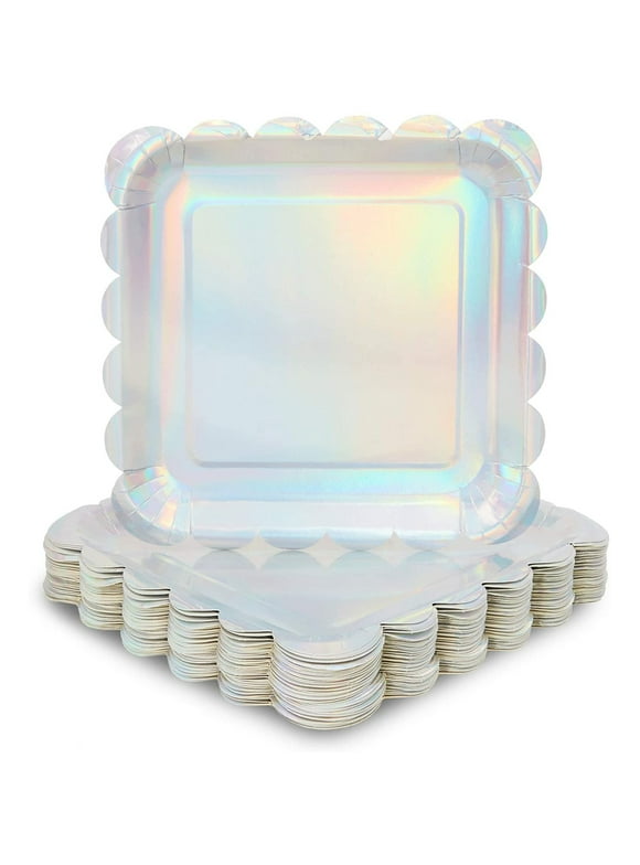 48-Pack Holographic Silver Foil Square Paper Plates, Scalloped Edge (9 in)