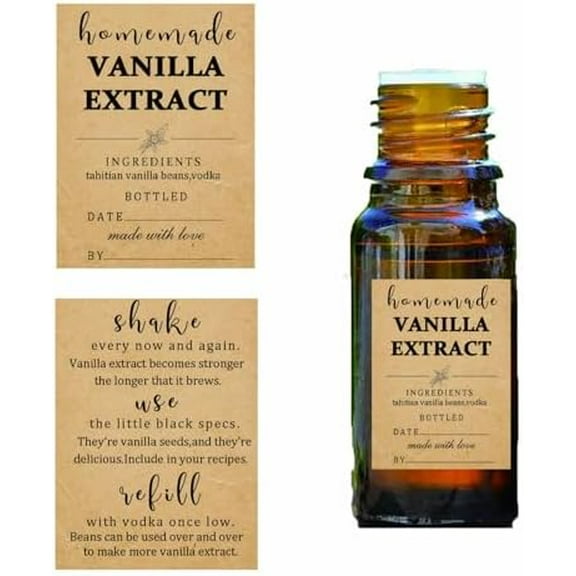 48 Pack Kraft Homemade Vanilla Extract Stickers 1.52 inch Square Personalized Vanilla Instruction Labels for Handcrafted Bottles,Holiday Christmas Gifts,Jar Kitchen Pantry