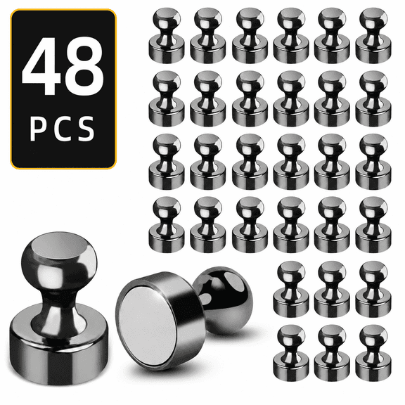 48 Pack Magnetic Push Pin Magnets, Black Round Whiteboard Magnets for Office and Refrigerator, Small Fridge Magnets for Notes, Photos, Memo Boards and Lockers