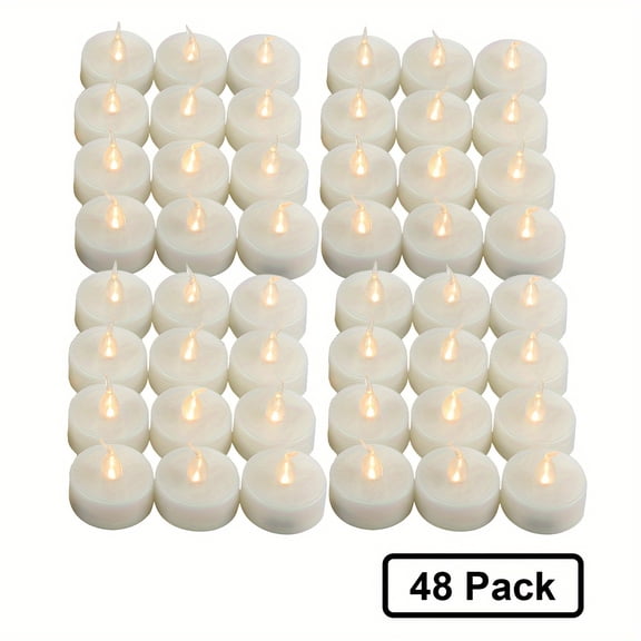 48-Pack Mini Flameless LED Tea Lights - Battery Operated Amber Glow Candles, Cream White Body - Home Kitchen Wedding Party Tabletop Decor (D1.5" x H1.5")