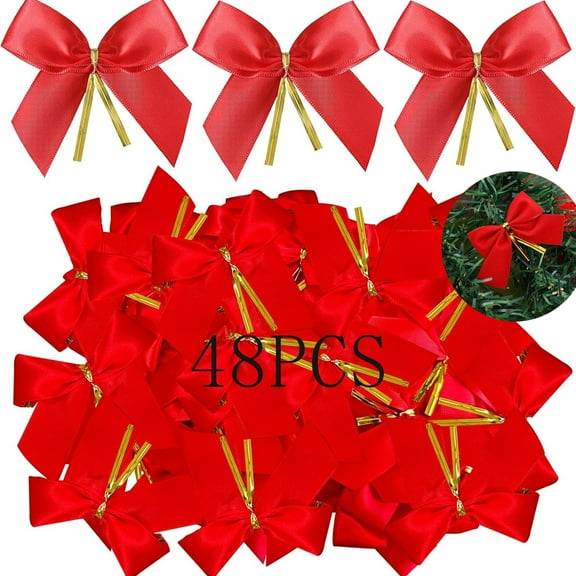 48 Pack Mini Red Christmas Bows Tutuviw Satin Ribbon Bows Small Bows for Christmas Tree Red Satin Bows for Ornaments DIY Crafts Candy Canes, Gold Wire Twist Tie Bows, Easy Attachment