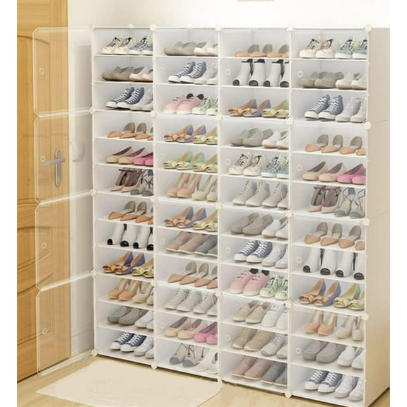 48 Pack Modern Rectangular Shoe Storage Box Plastic Stackable Shoe Organizer for Closet, Clear Shoe Box, Easy Assembly