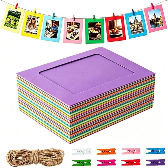 48 Pack Paper Picture Frames, 4 x 6 Inch Colorful Picture Display Holders with String and Clips, Photo Display Banner DIY Photo Display Holders for , Classroom, Wedding & Party Decor