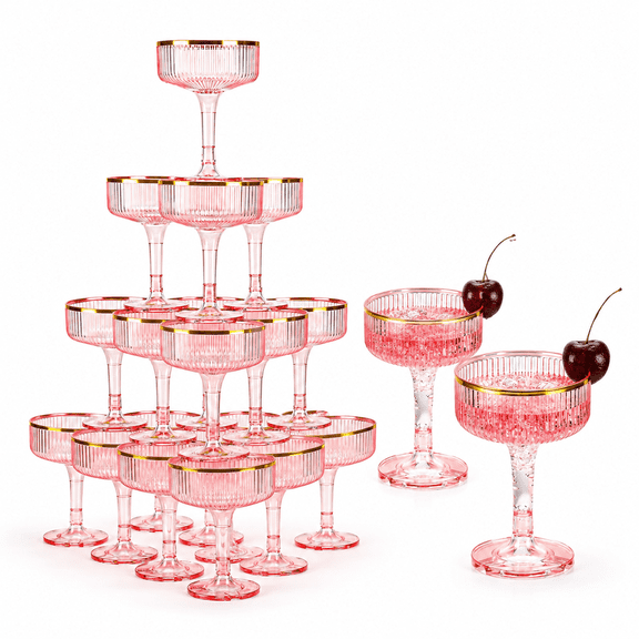 48 Pack Pink Champagne Glasses Tower 7 Oz Plastic Coupe With Rim Stackable Martini Glstemmed For Weddings Birthday Party Bar Hosti