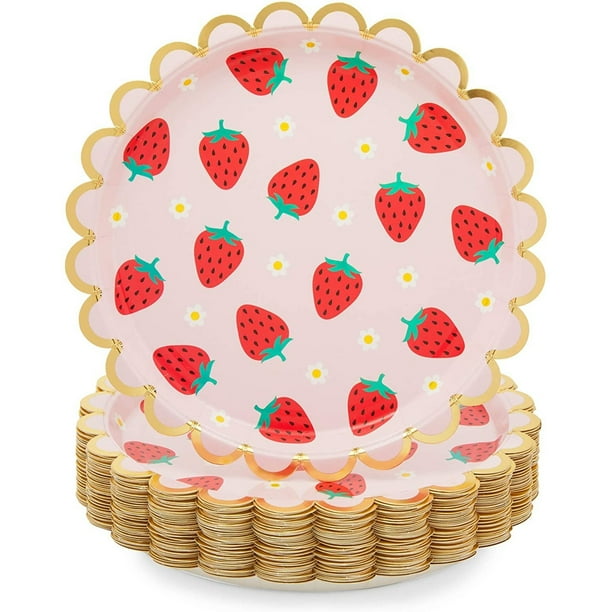 48Pack Pink Paper Plates with Gold Foil for Strawberry Birthday Party