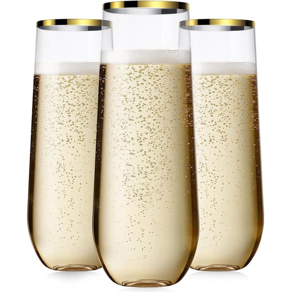 48 Pack Plastic Champagne Flutes, 9 Oz Disposable Wine Mimosa Glasses | Gold Rimmed Stemless Champagne Flutes Cocktail Glasses, Clear Plastic Cups for Bridal Shower Bachelorette Party Mimosa Bar