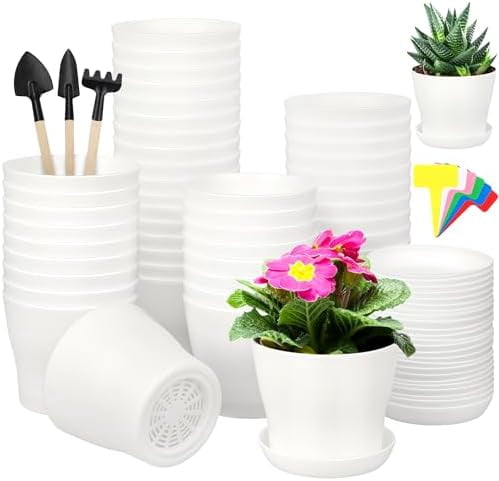 48 Pack Plastic Planters 4 Inch Flower Plant Pots Indoor Set Thickened Seedling Nursery Pots Seed Starting Pots with Drainage Holes Saucers, Mini Garden Tools for Home Office Garden, White