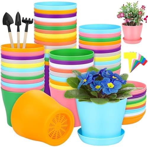 48 Pack Plastic Planters 5.5 Inch Flower Plant Pots Indoor Set Thickened Seedling Nursery Pots Seed Starting Pots with Drainage Holes Saucers Mini Garden Tool for Home Office Garden, Multicolor