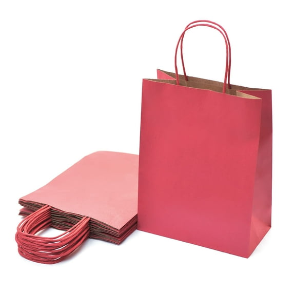 48 pack Red Gift Bags (10.5x8x4.25 in): Medium Kraft Paper Bags with Handle, for Christmas & More