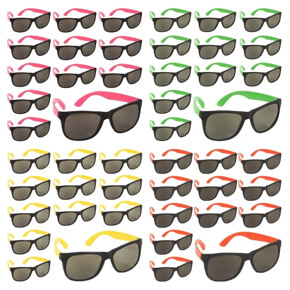 48 Pack Retro Party Sunglasses Bulk for 80s and 90s Birthday Favors (4 Neon Colors)