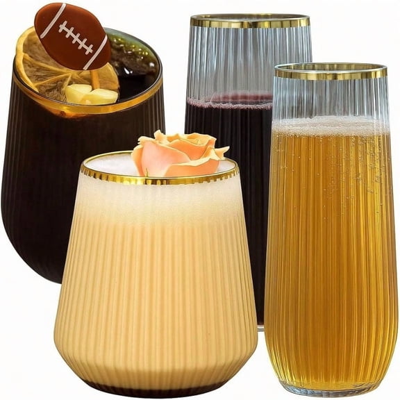 48 Pack Ribbed Origami Ripple Plastic Glasses 24 9 Ounce Steml Champagne Flutes 24 12 Ounce Cups Disposable Shatterproof Toasting Glasses for Weddings Bars and Events Gold Rim