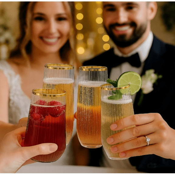 48 Pack Ribbed Origami Ripple Plastic Glasses, 24 9 Ounce Stemless Champagne Flutes & 24 12 Ounce Cups, BPA-Free Disposable Shatterproof Toasting Glasses for Weddings, Bars, and Events