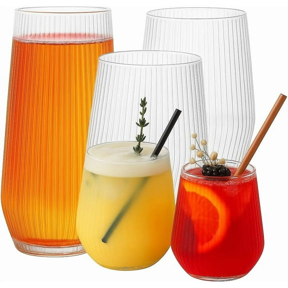 48 Pack Ribbed Plastic Glasses, 24 9 Ounce Stemless Champagne Flutes & 24 12 Ounce Cups, BPA-Free Disposable Shatterproof Toasting Glasses for Weddings, Bars, and Events (Gold Rim)